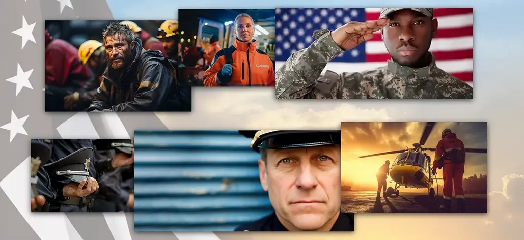 Image compilation highlights various fire responders, including a firefighter, a female police officer, a female paramedic, helicopter first responders, and a close-up of a policeman's cap