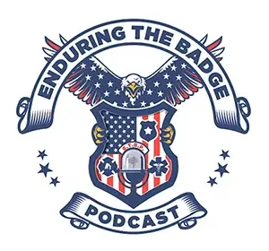 Enduring the Badge Podcast logo with eagle graphic and insigna with American flag and stars
