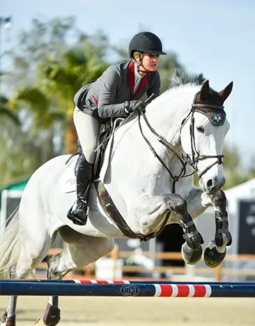An equestrian athlete leaps with her horse, depicting the risk of injury and how such injuries can result in depression and PTSD