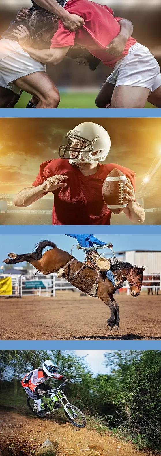 A collage featuring different sports such as rugby, American football, rodeo, and dirt bike racing serves to underscore the necessity of mental health treatment for athletes