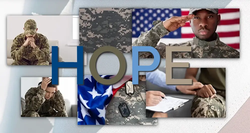 A collage featuring diverse military personnel, centered around a close-up of the American flag with the word HOPE prominently displayed, symbolizes the optimism for military veterans and their mental well-being.