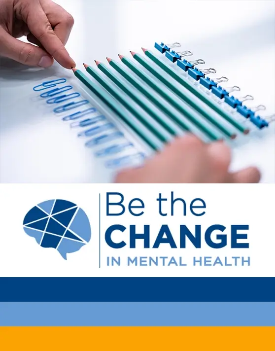 The image features hands meticulously aligning paper clips, pencils, and clips, providing a visual representation of OCD. The Be the Change in Mental Health logo is also included.