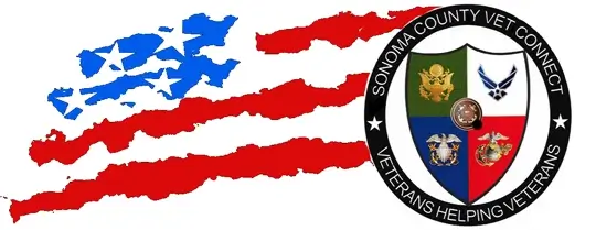 Logo of Sonoma County Vet Connect organization with slogan Veterans Helping Veterans with part of American Flag and insignia of various military branches